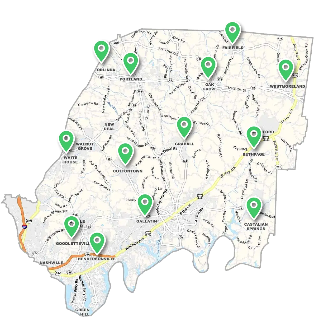 Map of Sumner County showing all the areas Mitchell Fence services which includes Hendersonville, Gallatin, Goodlettsville, Madison, Portland, Westmoreland, White House and more.